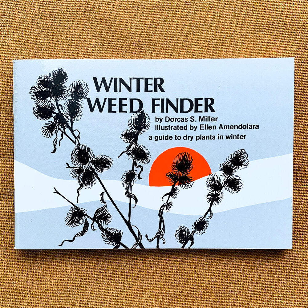 Front cover of Winter Weed Finder featuring an illustration of the silhouette of a weed against the setting sun.