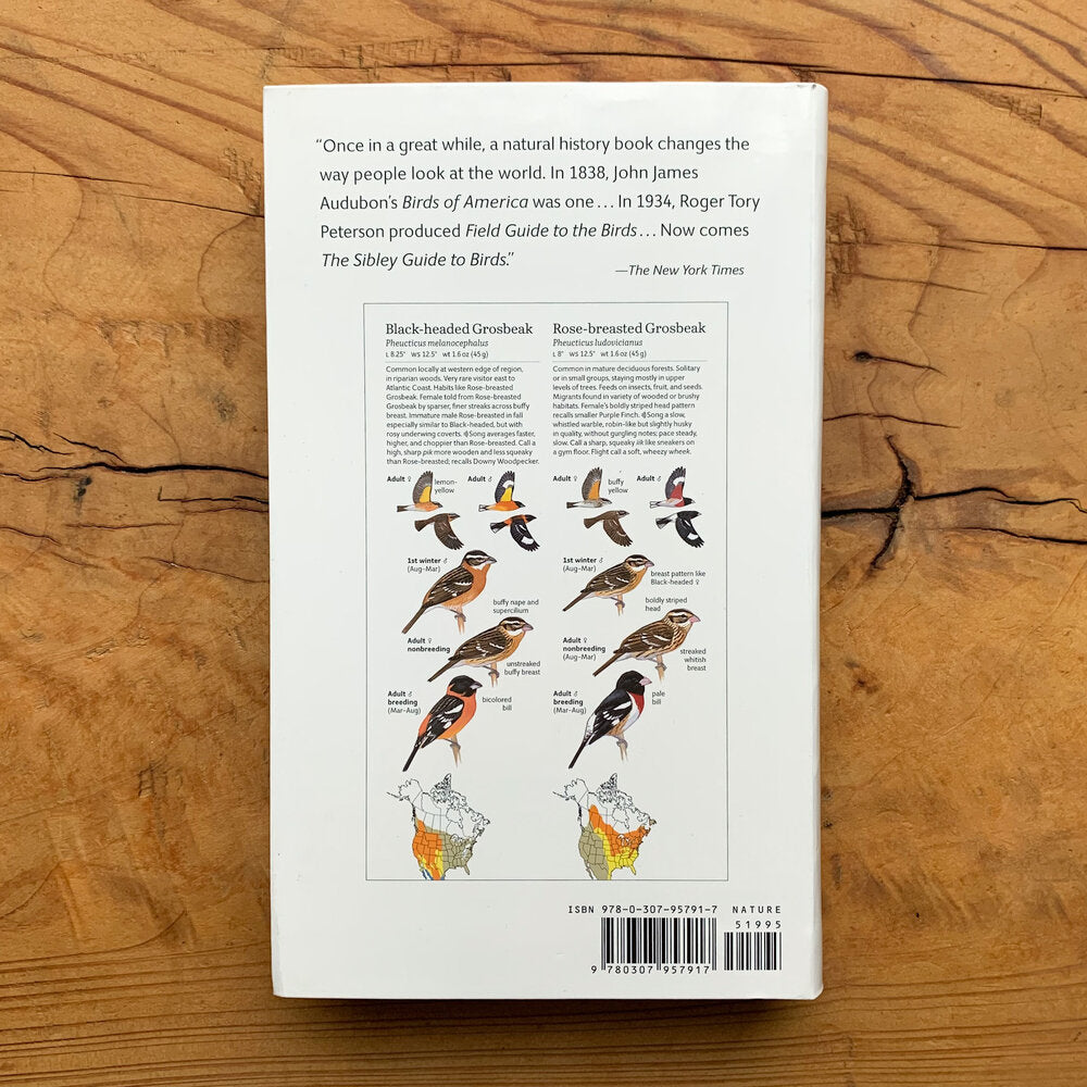 Back cover of Sibley Birds East with an example page from the inside for the black-headed grosbeak and the rose-breasted grosbeak.