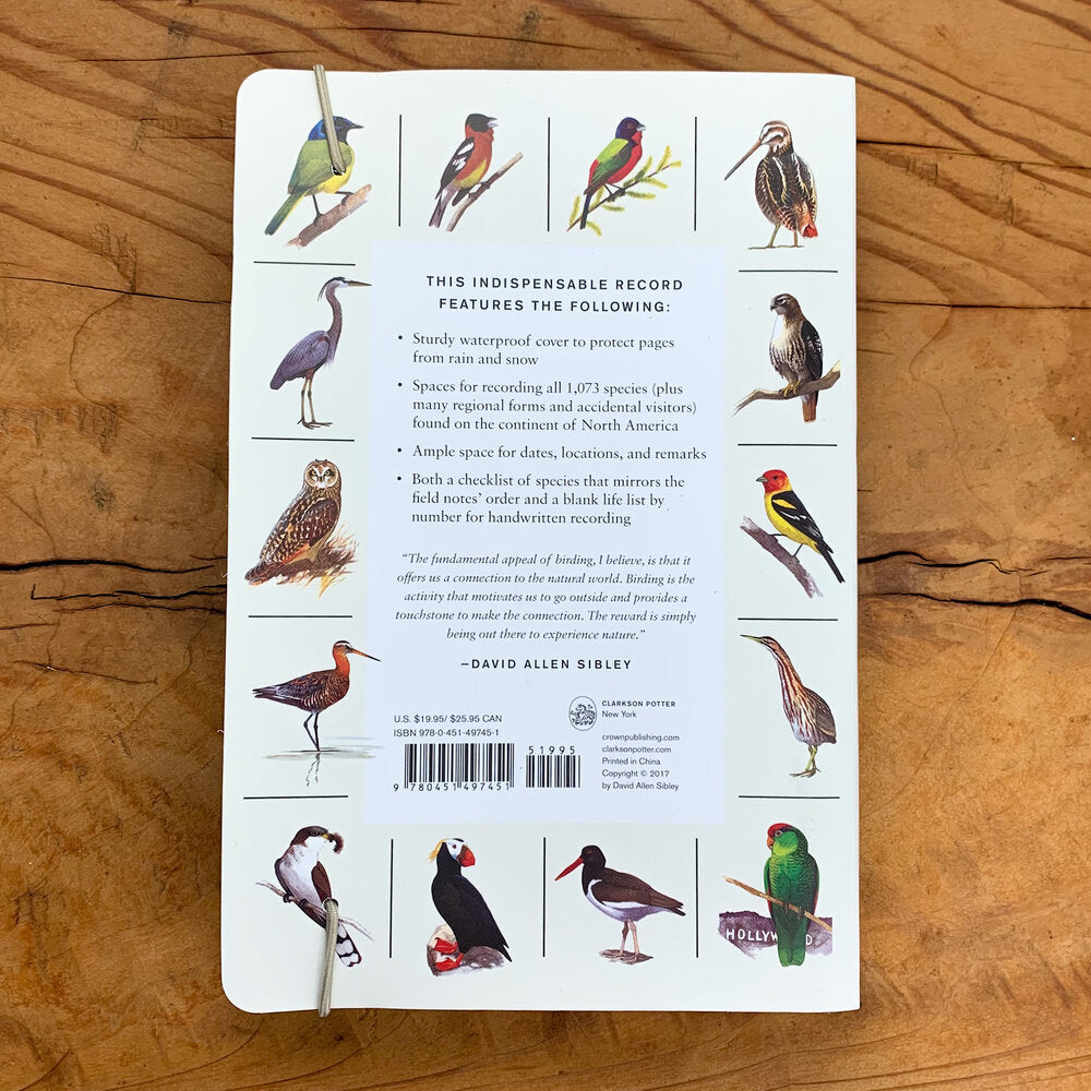 Sibley Birder's Life List & Field Diary back cover with several colorful bird illustrations and a brief description of the contents.