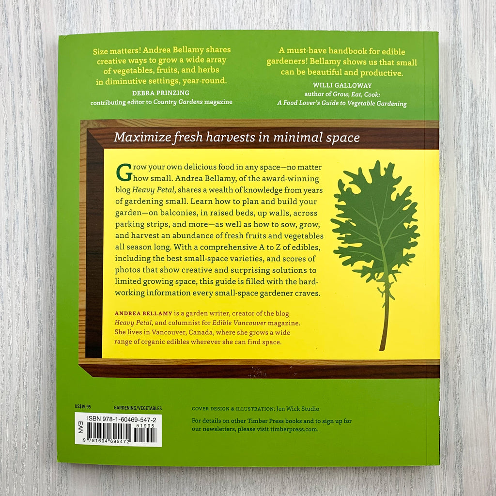 Back soft cover of Small-Space Vegetable Gardens with reviews and a description of the contents of the book.