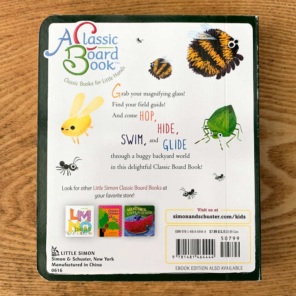 Back cover of Some Bugs board book with cute illustrations of various bugs and an invitation to enjoy the book.