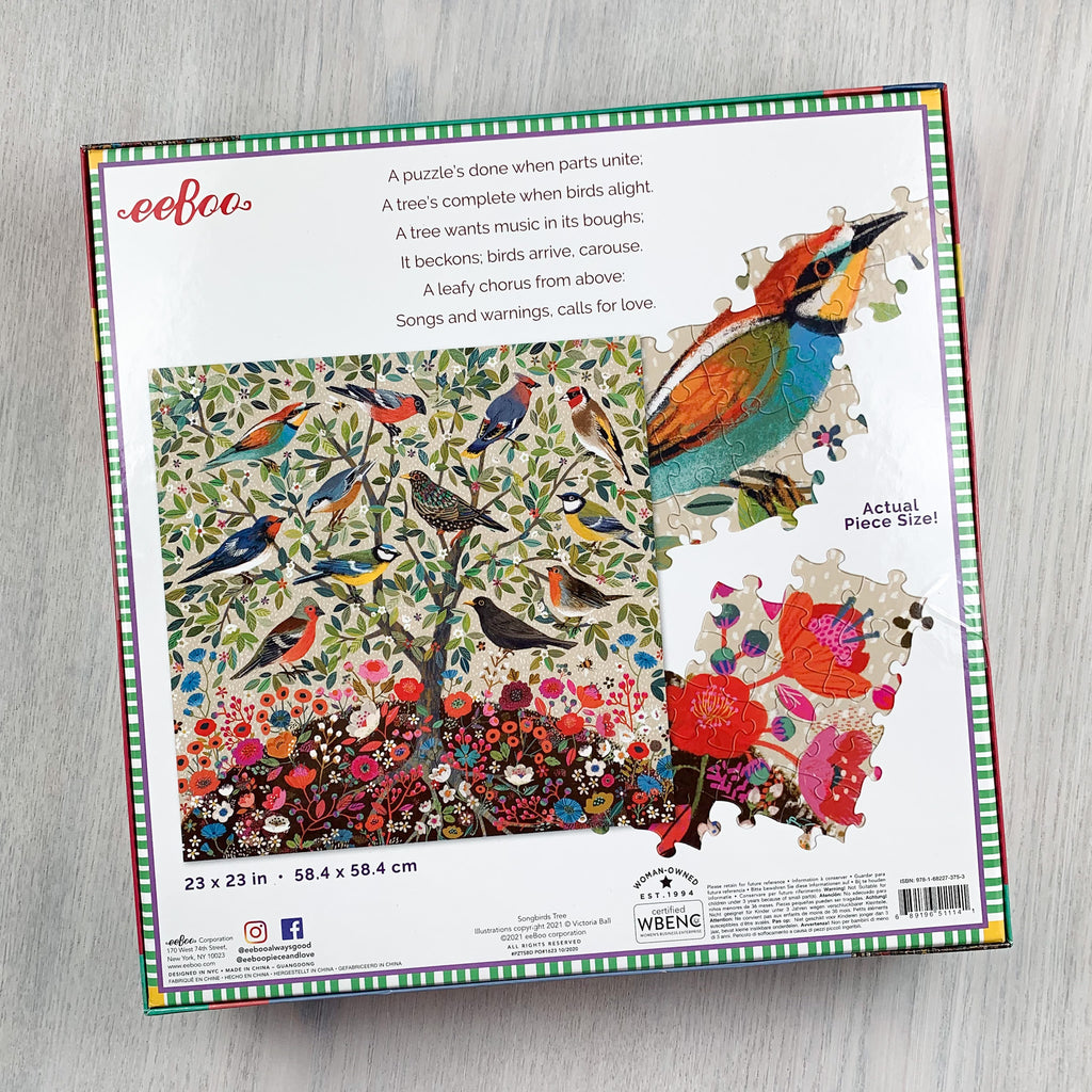 Back cover of Songbirds Tree puzzle box showing completed puzzle and various sections of the puzzle completed in actual size.
