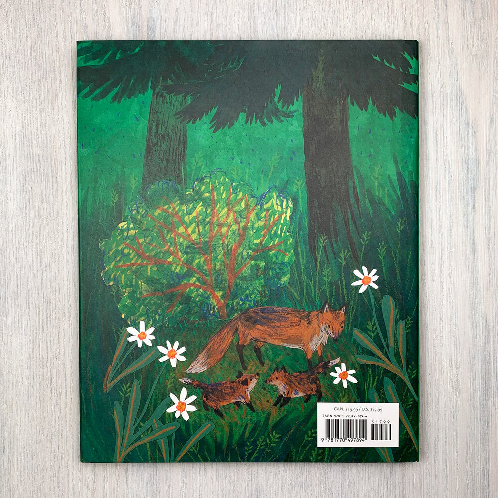 Back hard cover of Sonya's Chickens with an illustration of a red fox and her pups against a dark green forest background.