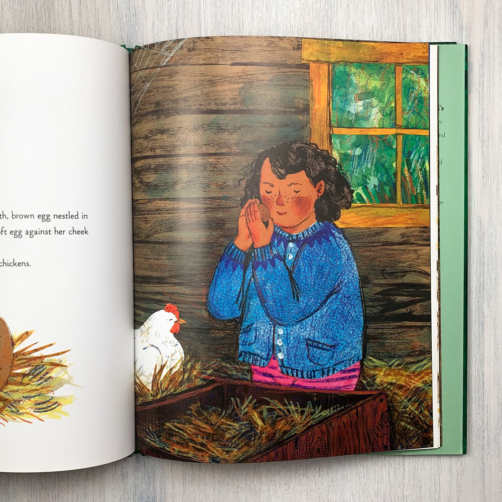 Inside page of Sonya's Chickens showing a young girl collecting an egg from a pleased-looking chicken's coop.