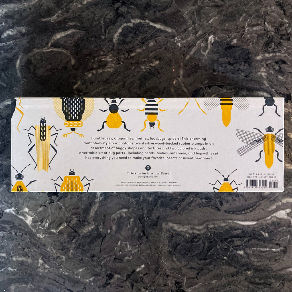 Back cover of the Stamp Bugs box displaying more yellow and black bugs that can be created using the stamp kit along with a brief description of the product.