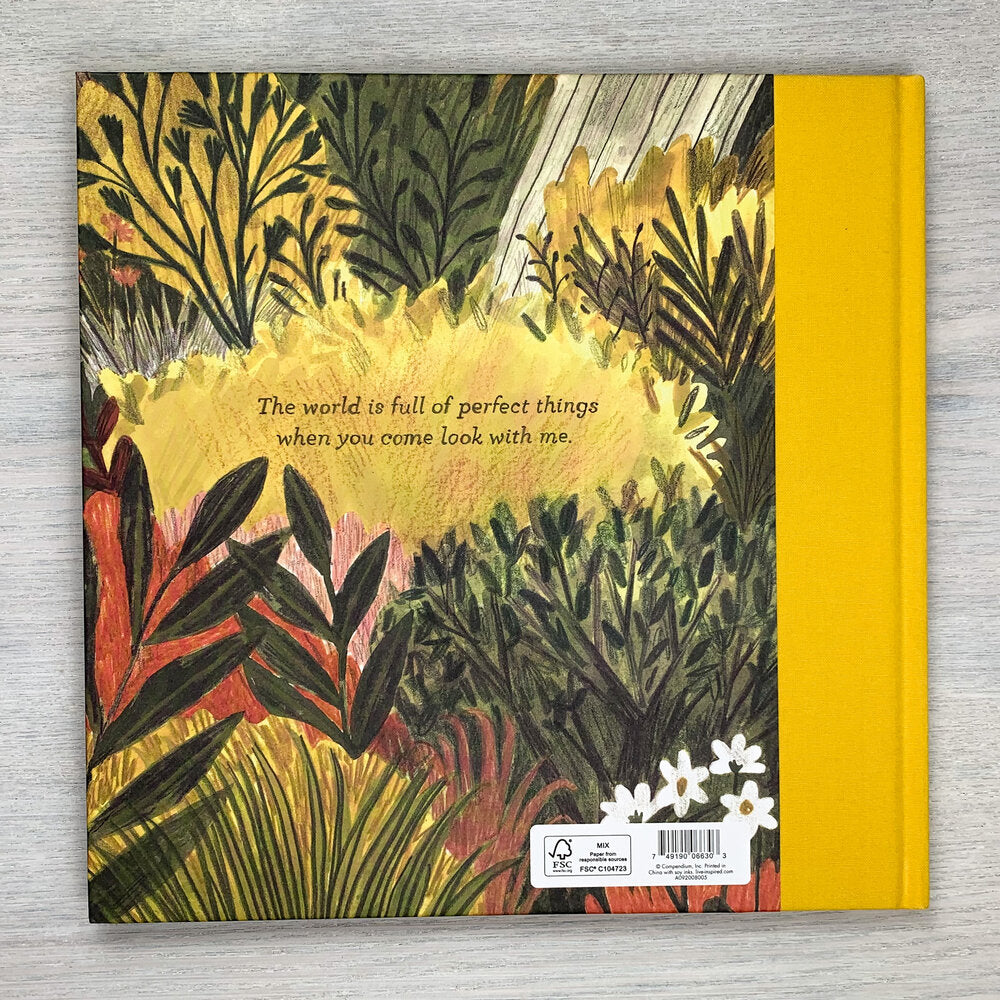 Back hard cover of Tiny, Perfect Things with an illustration of a collection of plants and the text "The world is full of perfect things when you come look with me."