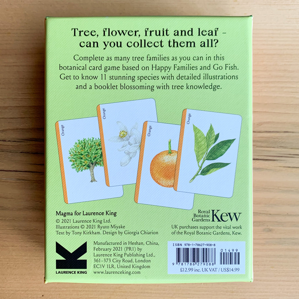 Back cover of Tree Families card game showing example cards with illustrations of an orange tree, an orange blossom, an orange fruit, and an orange leaf.