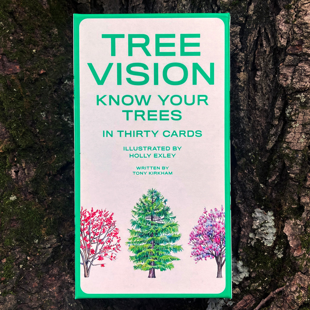 Tree Vision Know Your Trees flashcard box front cover featuring colorful illustrations of several trees.