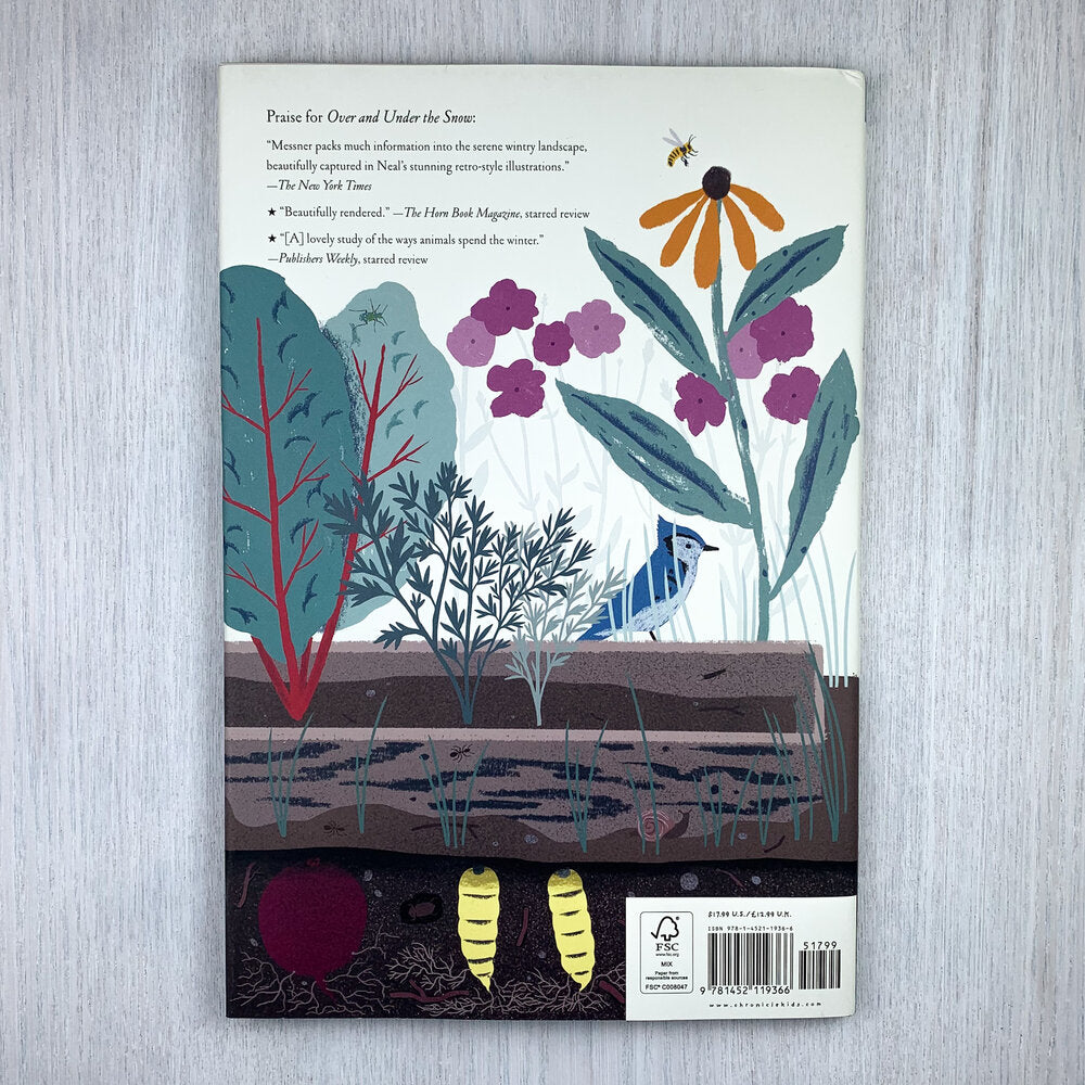 Hard back cover of Up in the Garden, Down in the Dirt featuring an illustration of carrots growing underground, a jay sitting on a raised bed, and a bee buzzing about a flower.