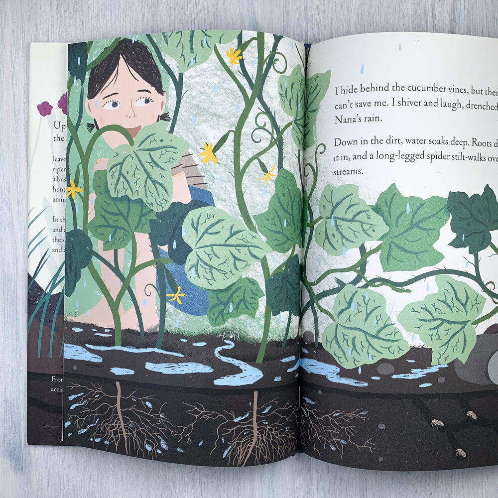 Inside pages of Up in the Garden, Down in the Dirt showing an illustration of a young girl playfully hiding behind cucumber vines.