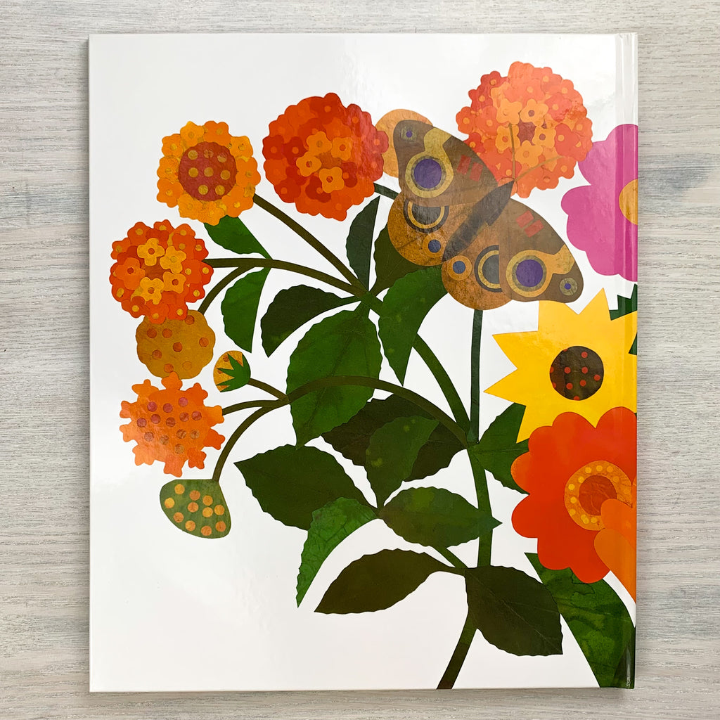 Back hard cover of Waiting for Wings featuring colorful flowers and a butterfly.