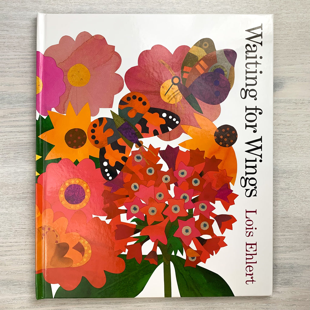 Hard front cover of Waiting for Wings featuring a stylized colorful illustration of butterflies and flowers.