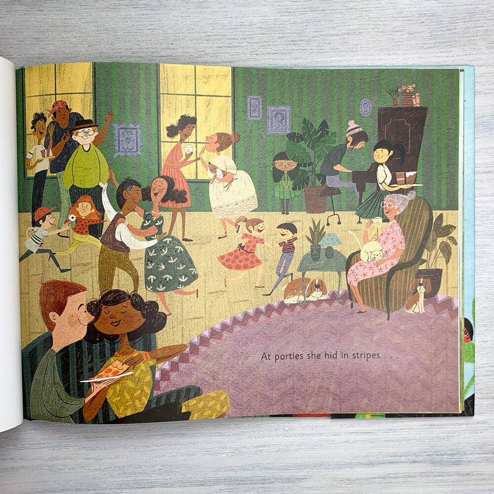 Picture book illustration of a party with lots of different people talking, dancing and playing with main character blending in with the wallpaper