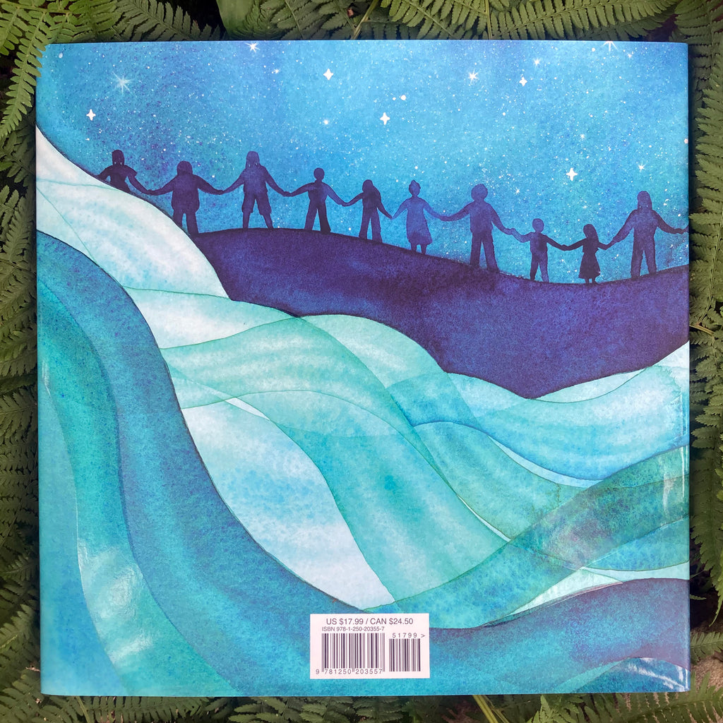 Back cover of the dustjacket for We Are The Water Protectors displaying an illustration of people holding hands across a starry sky while water rushes in the foreground.