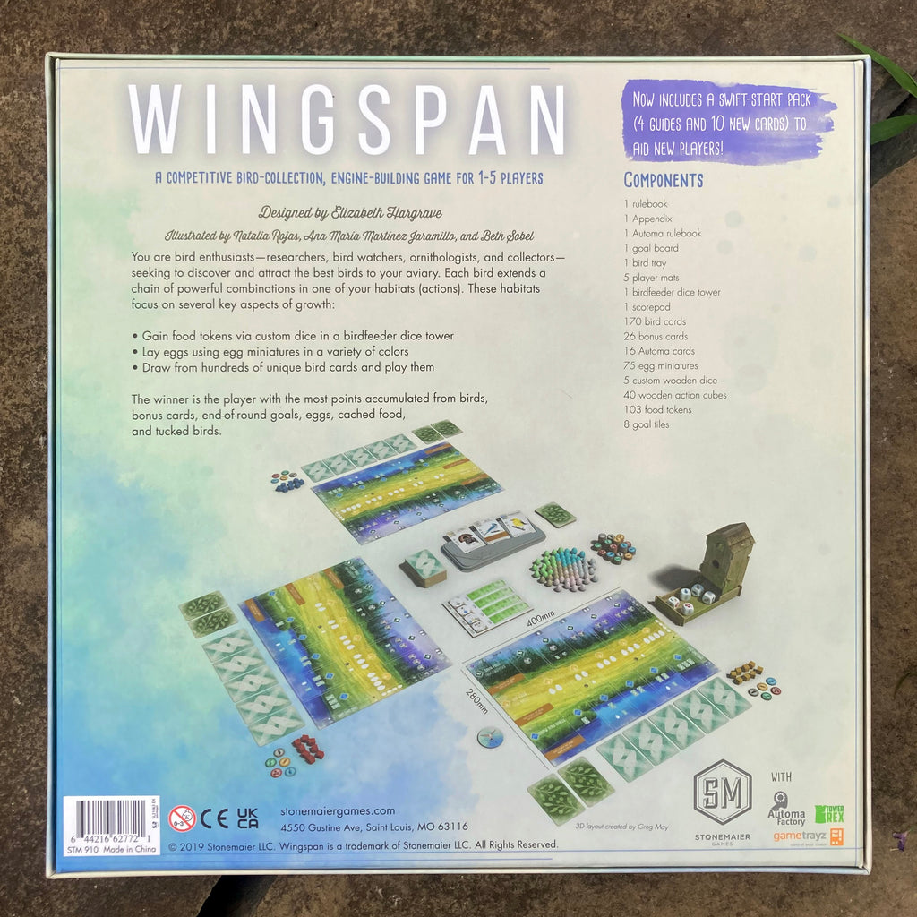 Back cover of WINGSPAN game box with a 3D rendering of the game set up, a description of the game, and a description of the content of the box.