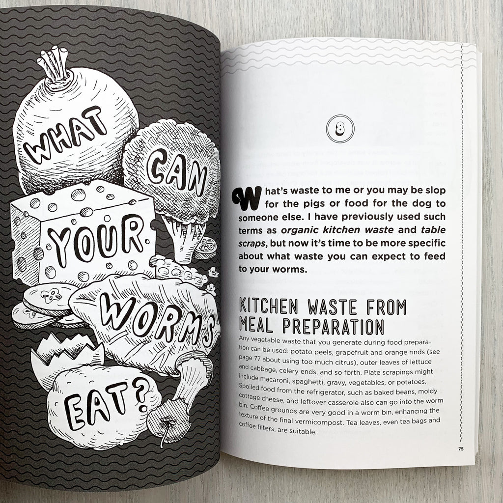 Inside page of Worms Eat My Garbage featuring a cartoony illustration of an apple core, eggshell, block of cheese, and assorted veggies with the question WHAT CAN YOUR WORMS EAT?